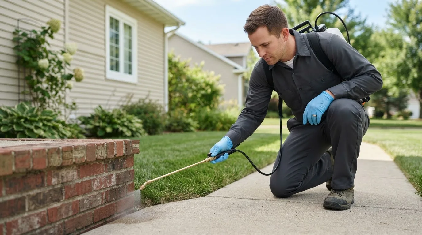 Pest control technician treating a home near Cumbola, PA